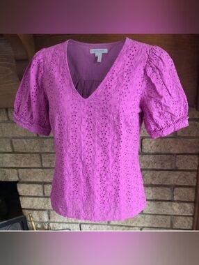 Draper James Magenta Eyelet V-Neck Blouse